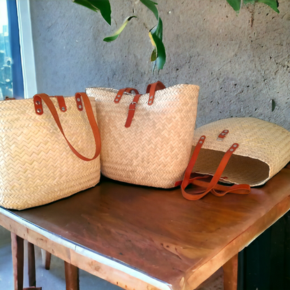 Square Tote Rattan | Leather Trim